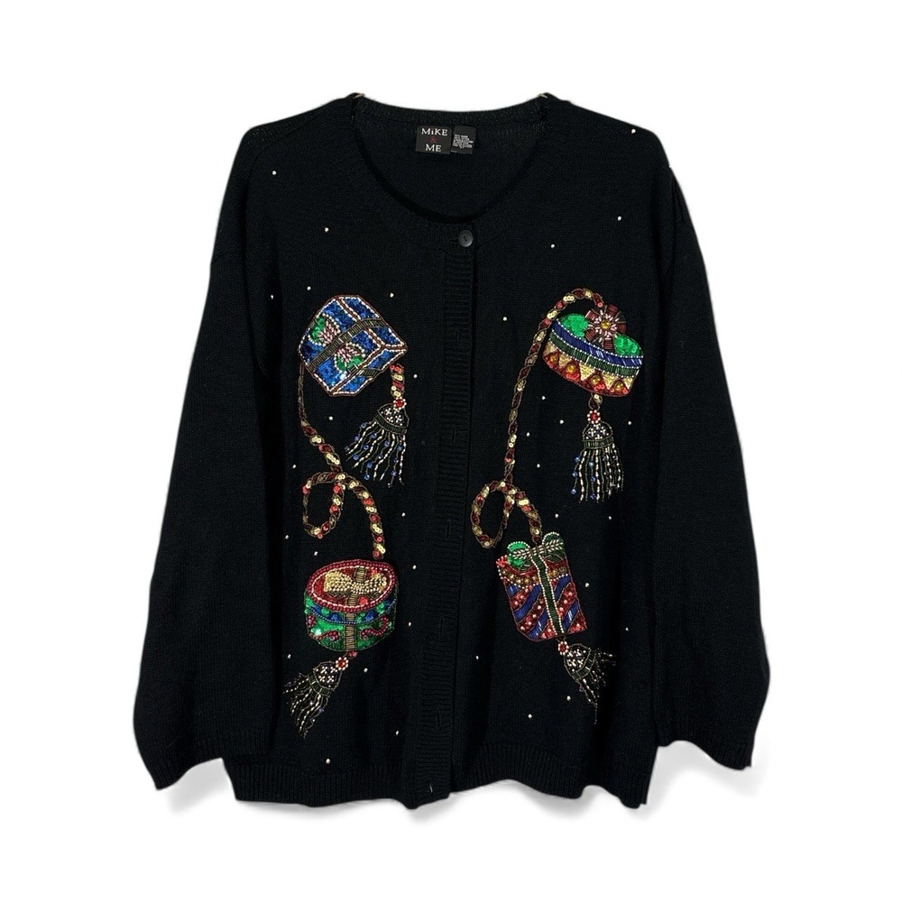 MIKE & ME CHRISTMAS CARDIGAN SWEATER BEADED SEQUINED WOMENS 2X